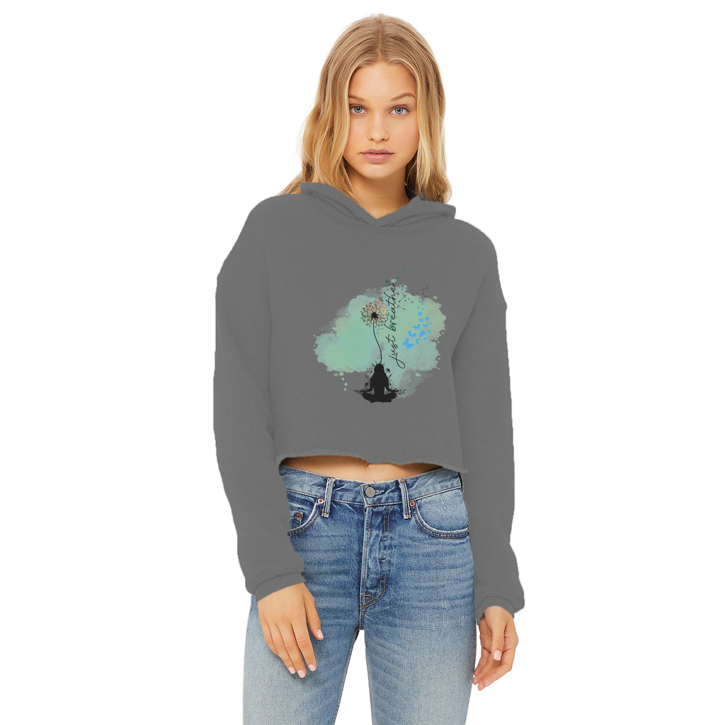 Just Breathe - Green Dandelion Ladies Cropped Raw Edge Hoodie