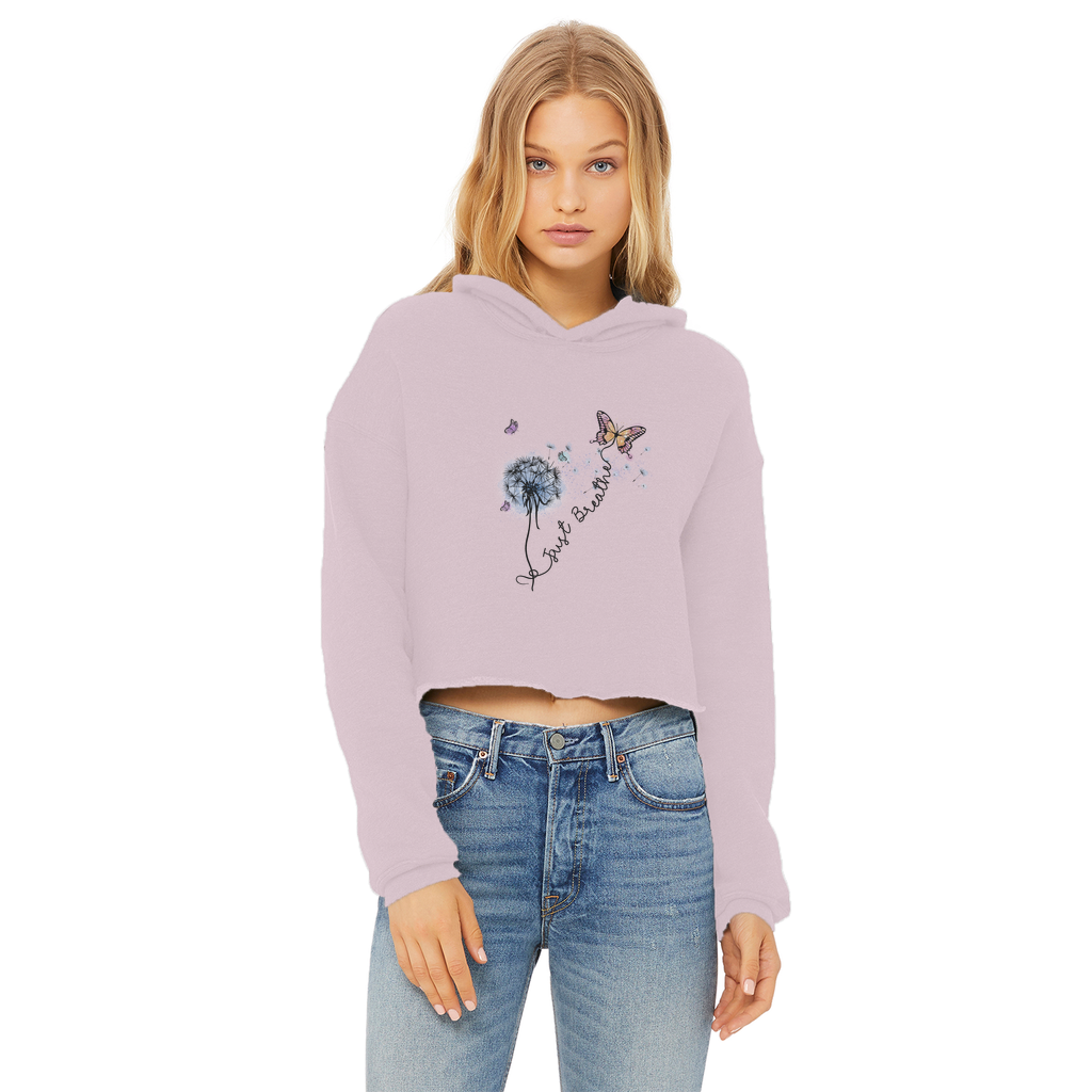 Just Breathe Butterfly Ladies Cropped Raw Edge Hoodie