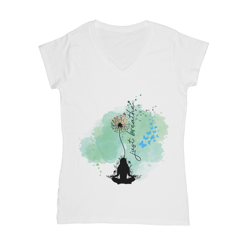 Just Breathe - Green Dandelion Classic Women's V-Neck T-Shirt