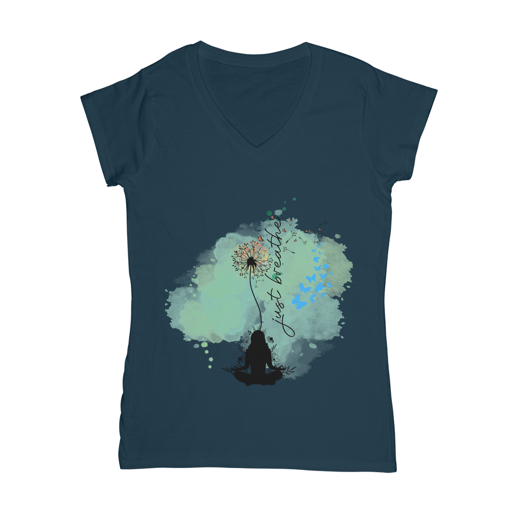 Just Breathe - Green Dandelion Classic Women's V-Neck T-Shirt